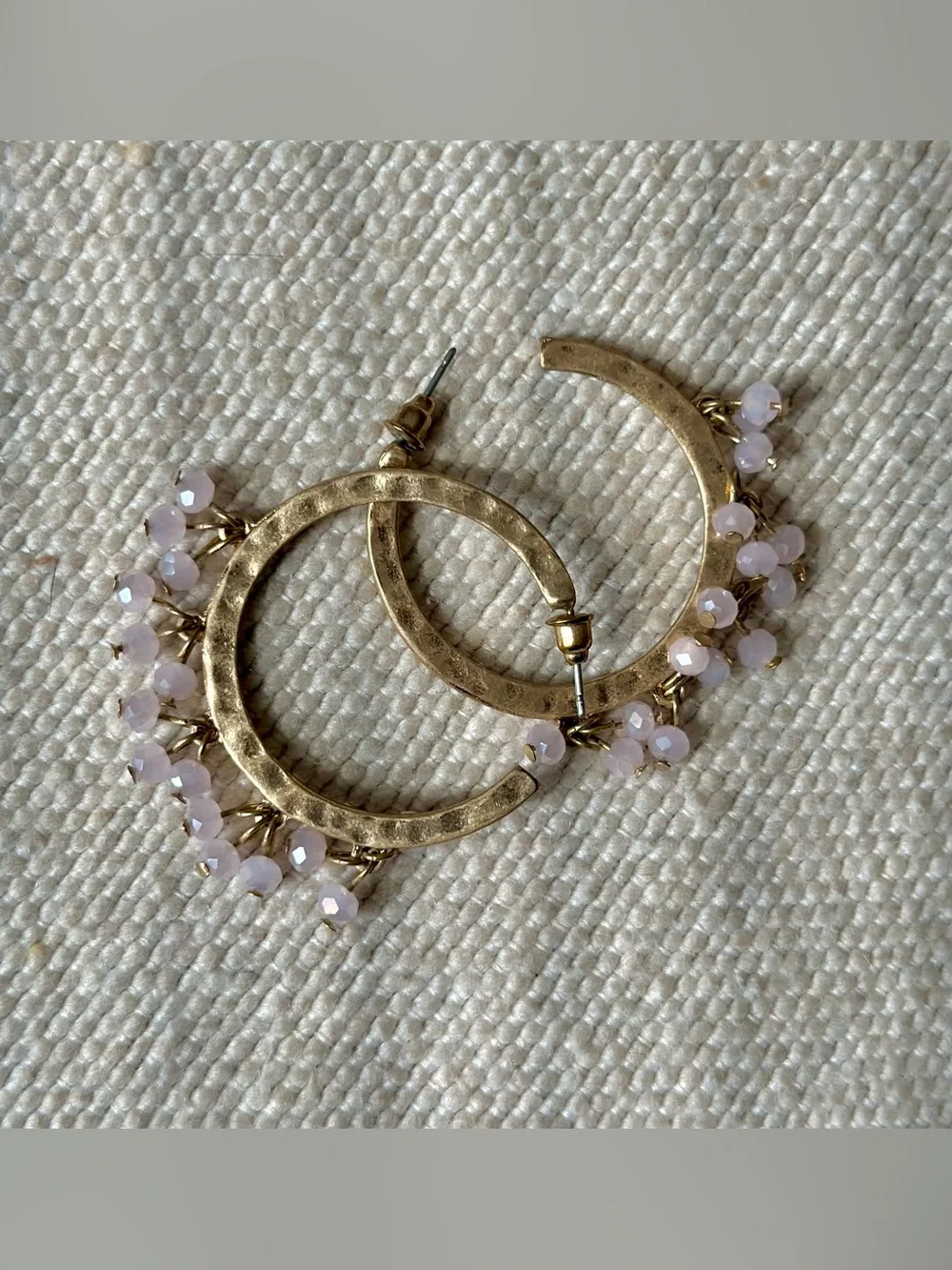 Gold Tone Half-Hoop Earrings with Pale Pink Bead Fringe